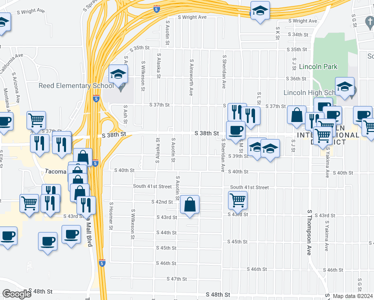 map of restaurants, bars, coffee shops, grocery stores, and more near 3826 South Ainsworth Avenue in Tacoma