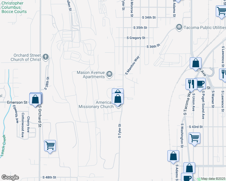map of restaurants, bars, coffee shops, grocery stores, and more near 3929 Mason Loop Road in Tacoma