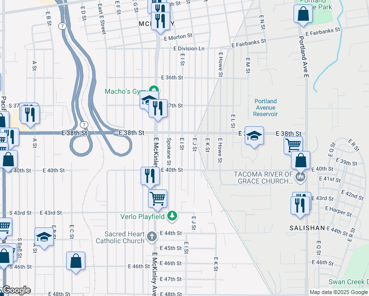 map of restaurants, bars, coffee shops, grocery stores, and more near 3848 East J Street in Tacoma