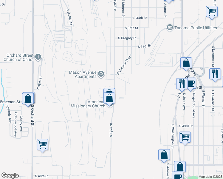 map of restaurants, bars, coffee shops, grocery stores, and more near 3902 South Tyler Street in Tacoma