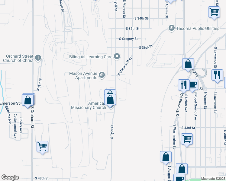 map of restaurants, bars, coffee shops, grocery stores, and more near 3809 South Mason Avenue in Tacoma