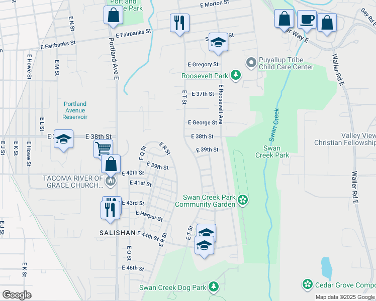 map of restaurants, bars, coffee shops, grocery stores, and more near 3830 East T Street in Tacoma