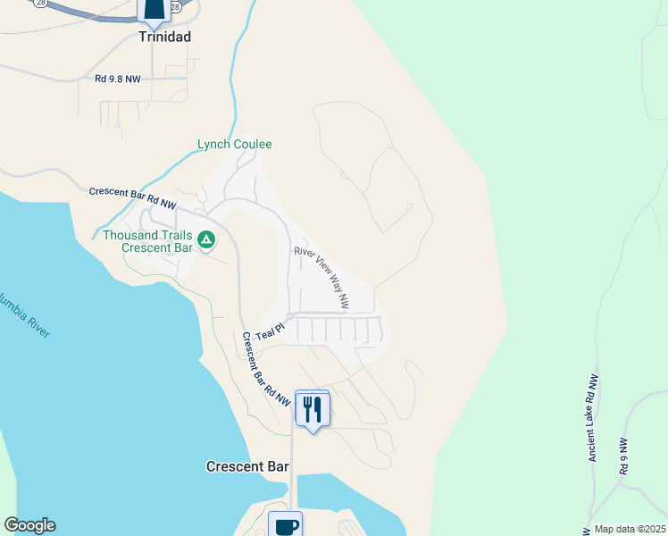 map of restaurants, bars, coffee shops, grocery stores, and more near 9287 River View Way Northwest in Quincy