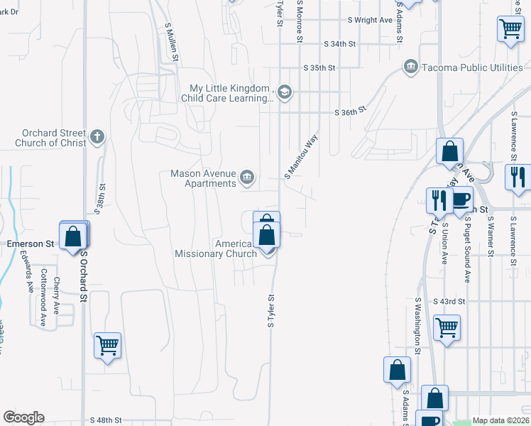 map of restaurants, bars, coffee shops, grocery stores, and more near 3809 South Mason Avenue in Tacoma