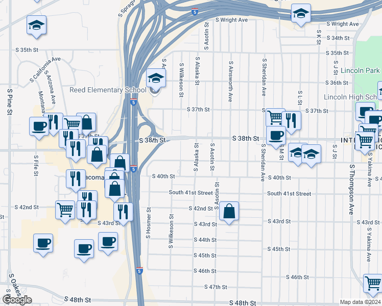 map of restaurants, bars, coffee shops, grocery stores, and more near 3802 South Alaska Street in Tacoma
