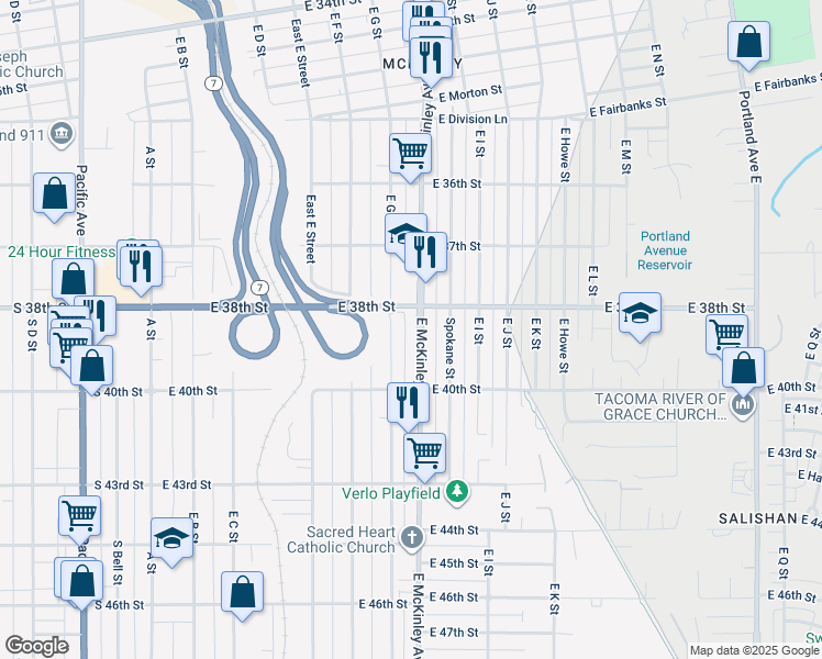 map of restaurants, bars, coffee shops, grocery stores, and more near 3802 East McKinley Avenue in Tacoma