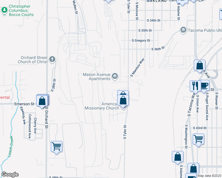 map of restaurants, bars, coffee shops, grocery stores, and more near 3816 South Mason Avenue in Tacoma