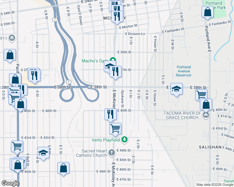 map of restaurants, bars, coffee shops, grocery stores, and more near 3802 East McKinley Avenue in Tacoma