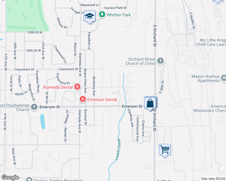 map of restaurants, bars, coffee shops, grocery stores, and more near 1229 Del Monte Avenue in Fircrest