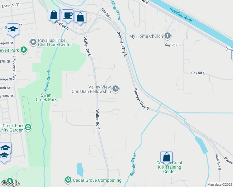map of restaurants, bars, coffee shops, grocery stores, and more near 3735 Waller Road East in Tacoma