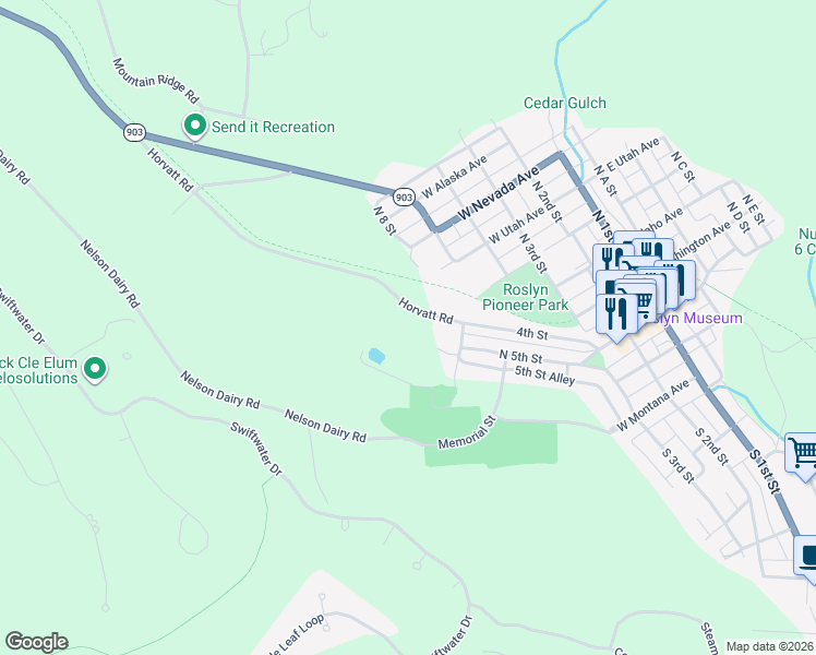 map of restaurants, bars, coffee shops, grocery stores, and more near 102 Horvatt Road in Roslyn