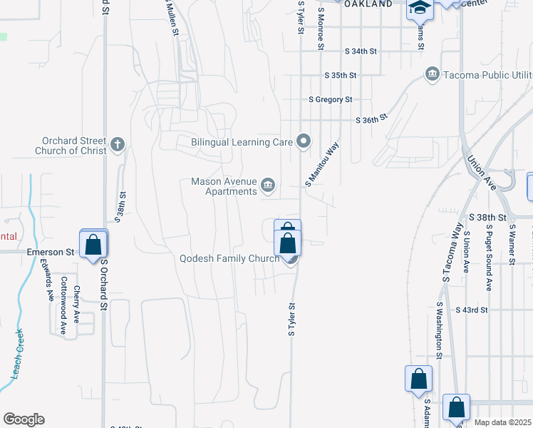 map of restaurants, bars, coffee shops, grocery stores, and more near 3816 South Mason Avenue in Tacoma
