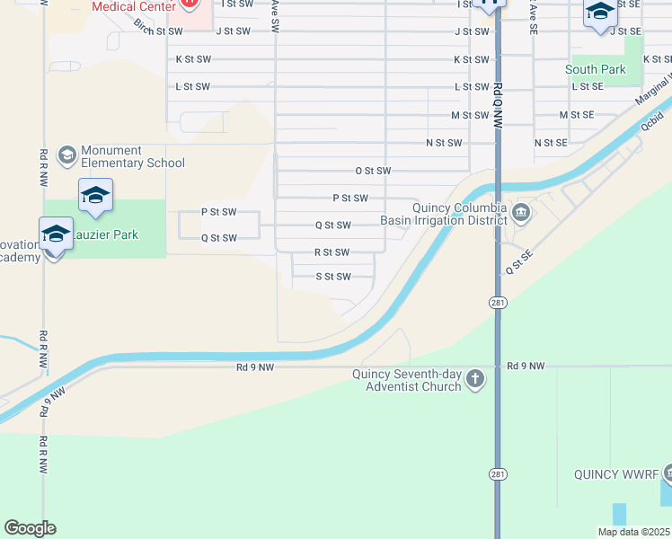 map of restaurants, bars, coffee shops, grocery stores, and more near 415 R Street Southwest in Quincy