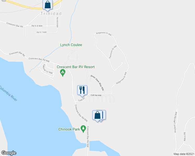 map of restaurants, bars, coffee shops, grocery stores, and more near 9287 River View Way Northwest in Quincy
