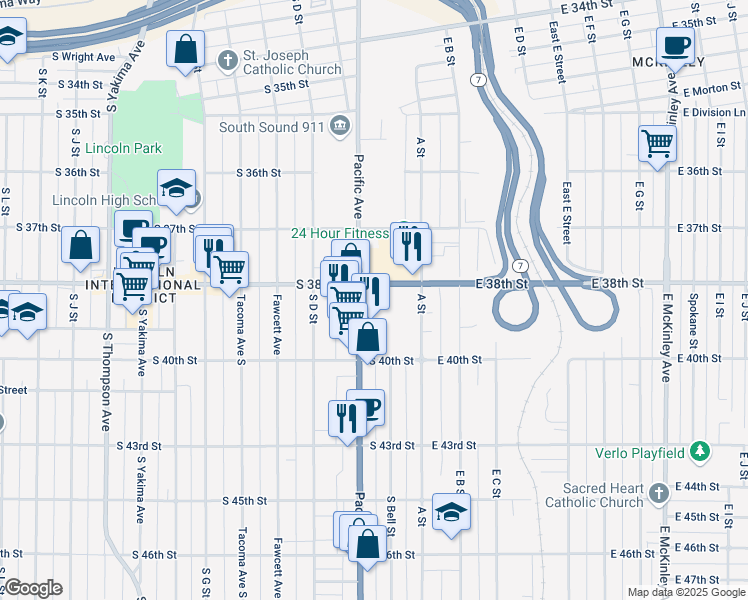 map of restaurants, bars, coffee shops, grocery stores, and more near 122 South 38th Street in Tacoma