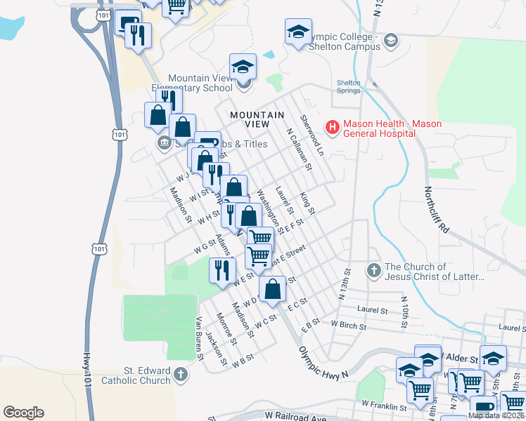 map of restaurants, bars, coffee shops, grocery stores, and more near 226 East G Street in Shelton