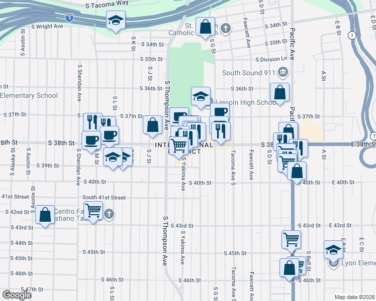 map of restaurants, bars, coffee shops, grocery stores, and more near 3805 South Yakima Avenue in Tacoma