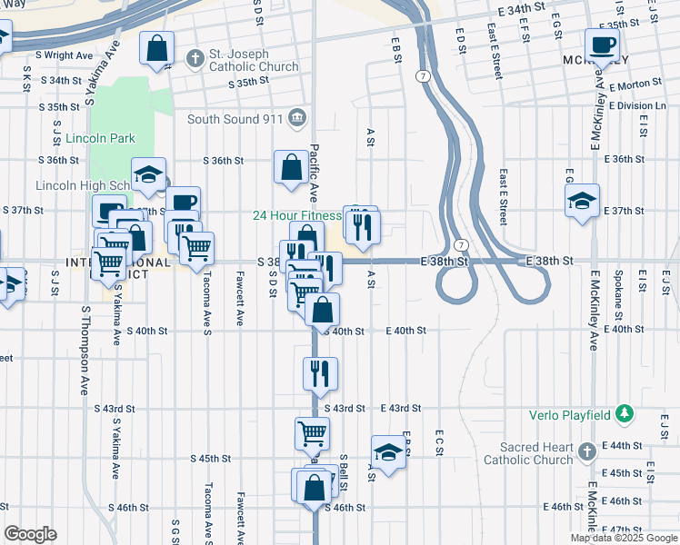 map of restaurants, bars, coffee shops, grocery stores, and more near 122 South 38th Street in Tacoma