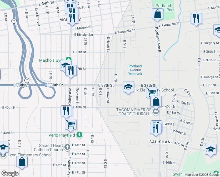 map of restaurants, bars, coffee shops, grocery stores, and more near 3801 East Howe Street in Tacoma