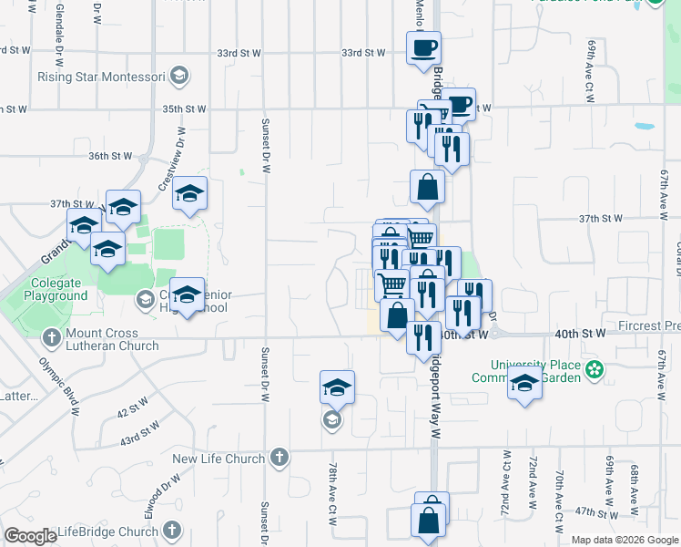 map of restaurants, bars, coffee shops, grocery stores, and more near 3806 78th Avenue Court West in University Place