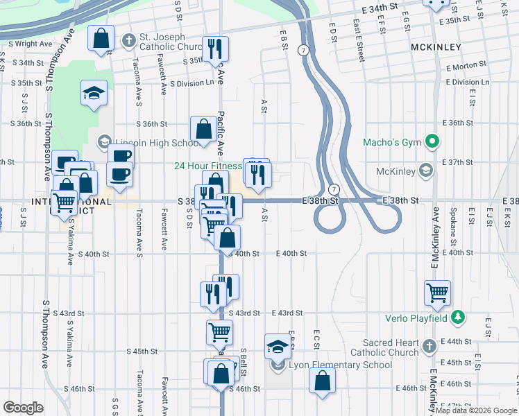 map of restaurants, bars, coffee shops, grocery stores, and more near in Tacoma