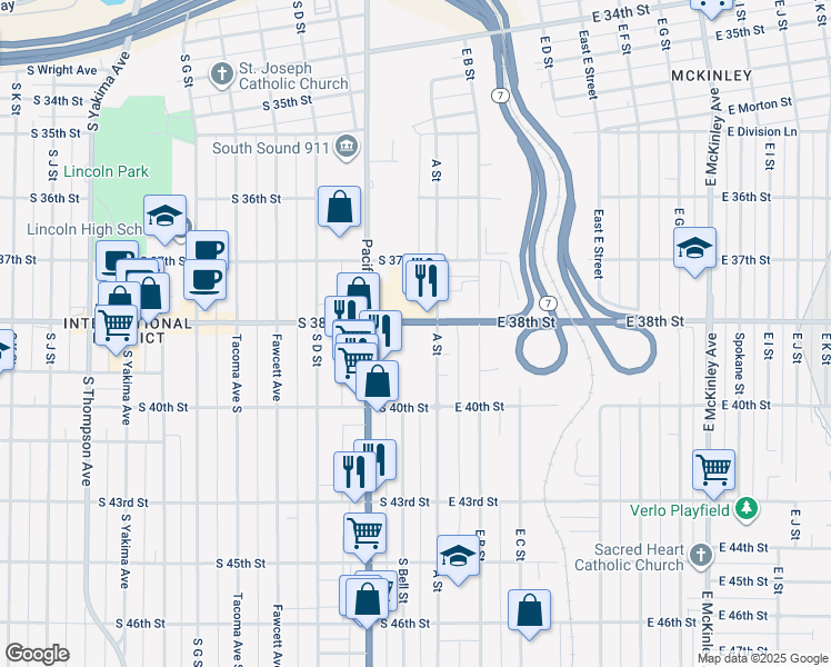 map of restaurants, bars, coffee shops, grocery stores, and more near in Tacoma