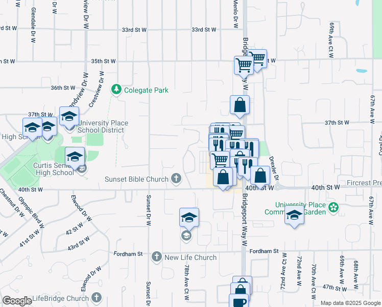 map of restaurants, bars, coffee shops, grocery stores, and more near 7701 40th Street West in University Place