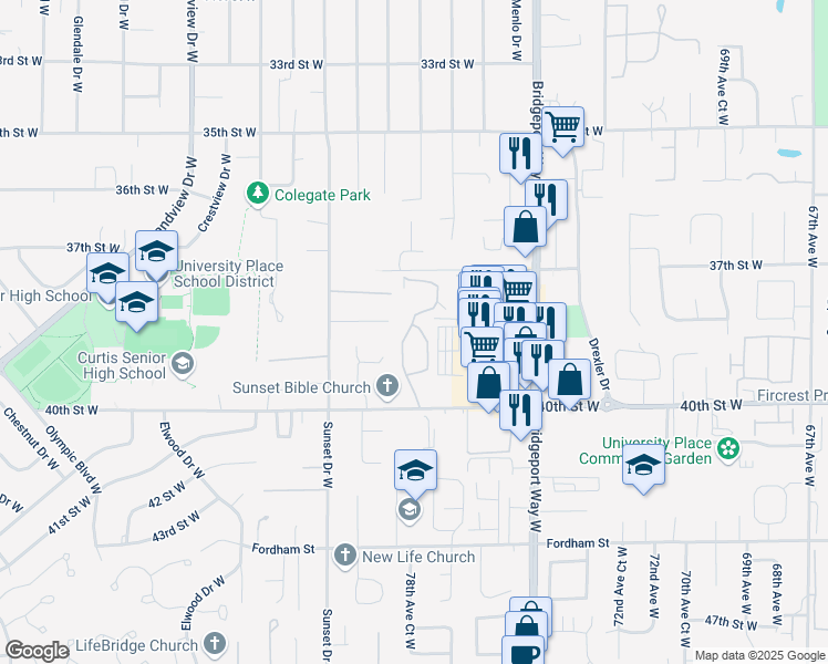 map of restaurants, bars, coffee shops, grocery stores, and more near 7913 37th Street Court West in University Place