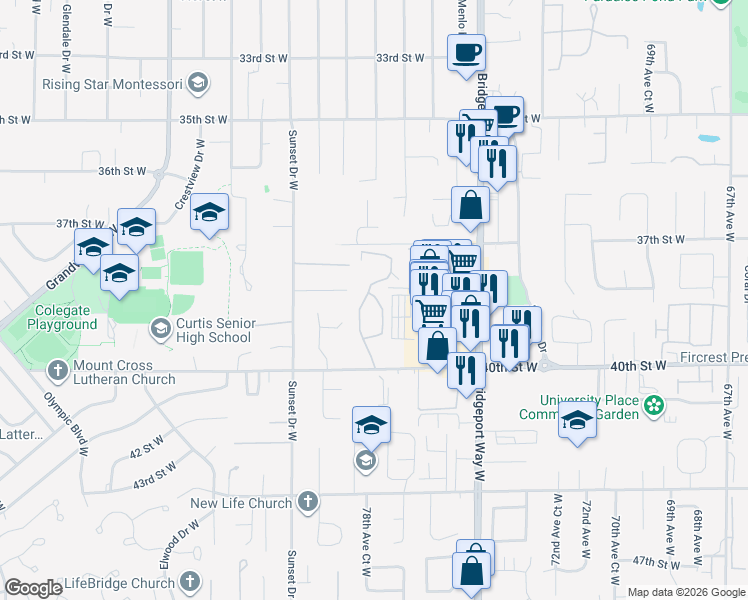 map of restaurants, bars, coffee shops, grocery stores, and more near 7701 40th Street West in University Place