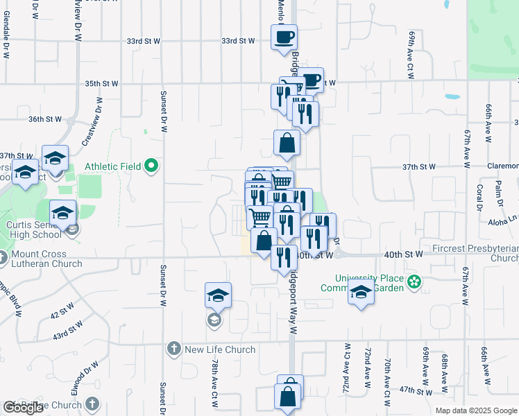 map of restaurants, bars, coffee shops, grocery stores, and more near 3814 Bridgeport Way West in University Place