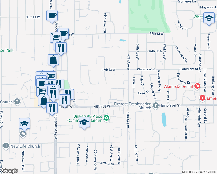 map of restaurants, bars, coffee shops, grocery stores, and more near 3741 70th Avenue West in University Place