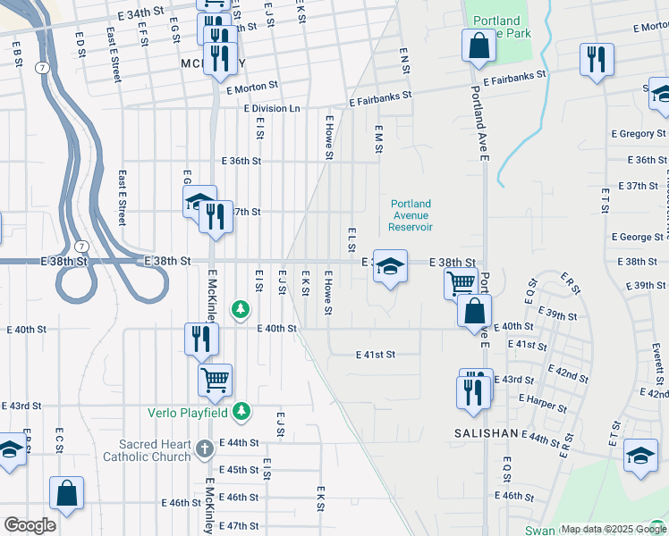 map of restaurants, bars, coffee shops, grocery stores, and more near 3801 East Howe Street in Tacoma