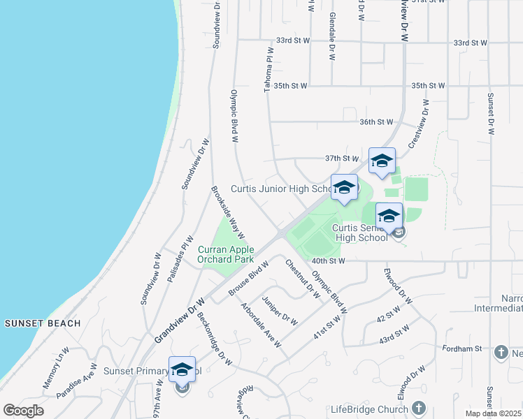 map of restaurants, bars, coffee shops, grocery stores, and more near Olympic Boulevard West in University Place