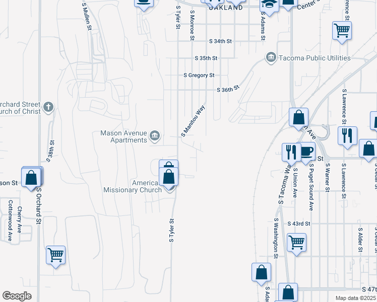 map of restaurants, bars, coffee shops, grocery stores, and more near 4130 South 38th Street in Tacoma