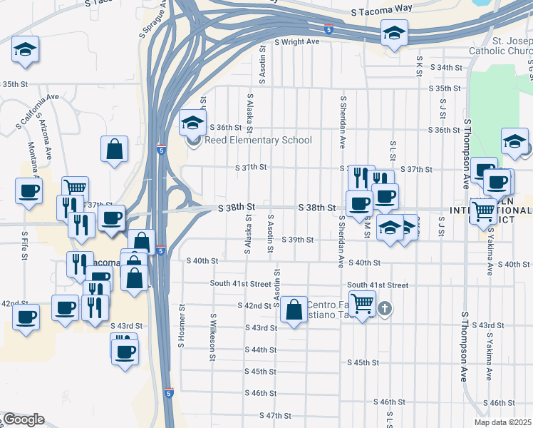 map of restaurants, bars, coffee shops, grocery stores, and more near 3806 South Asotin Street in Tacoma