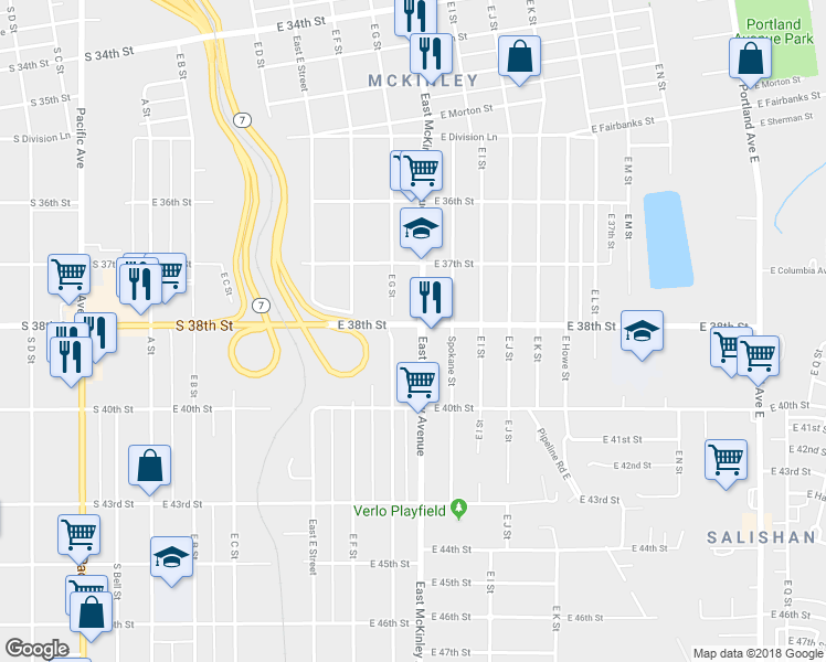 map of restaurants, bars, coffee shops, grocery stores, and more near 3802 Mckinley Ave in Tacoma