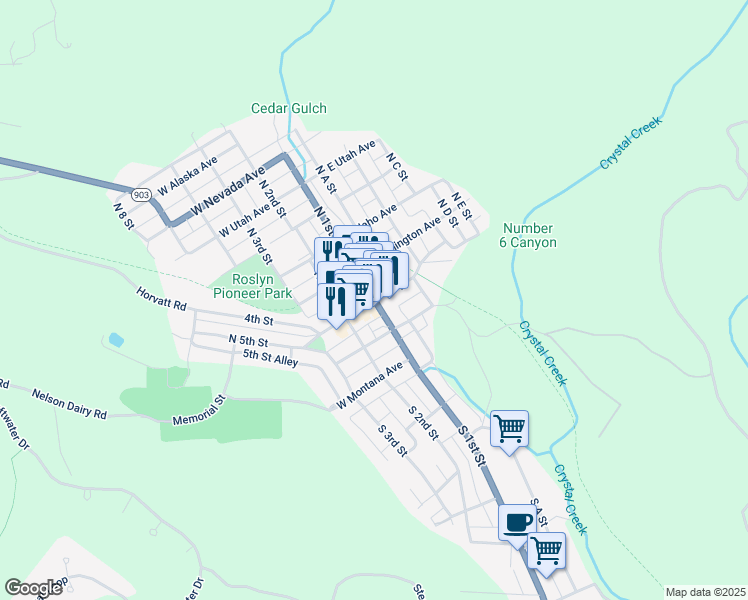 map of restaurants, bars, coffee shops, grocery stores, and more near N 1st St & W Pennsylvania Ave in Roslyn