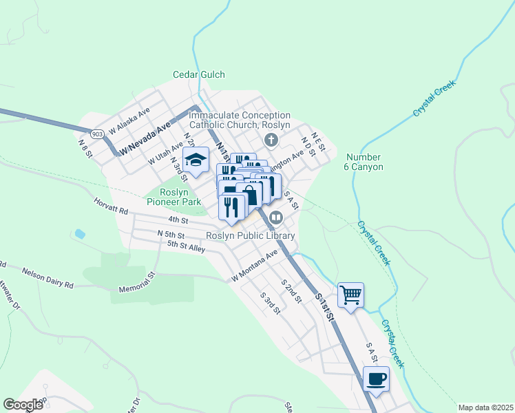 map of restaurants, bars, coffee shops, grocery stores, and more near N 1st St & W Pennsylvania Ave in Roslyn