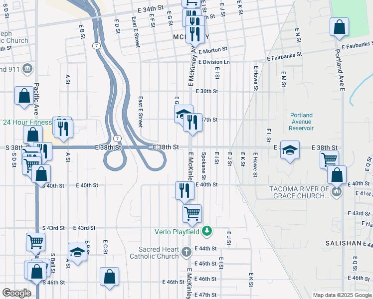map of restaurants, bars, coffee shops, grocery stores, and more near 3802 East McKinley Avenue in Tacoma