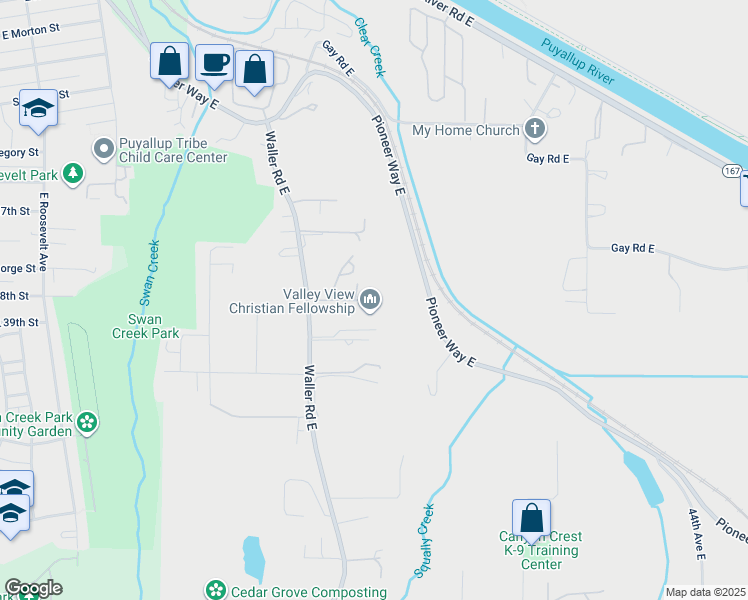 map of restaurants, bars, coffee shops, grocery stores, and more near 3733 Waller Road East in Tacoma