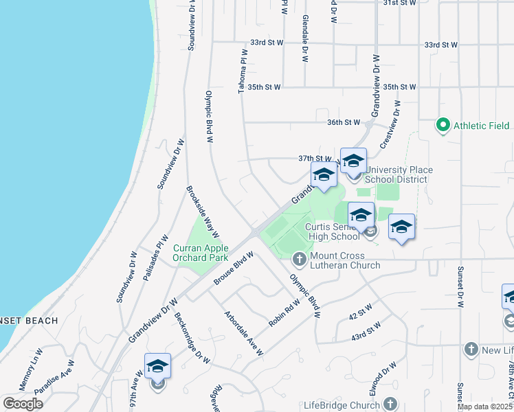 map of restaurants, bars, coffee shops, grocery stores, and more near 3737 Curtis Place West in University Place