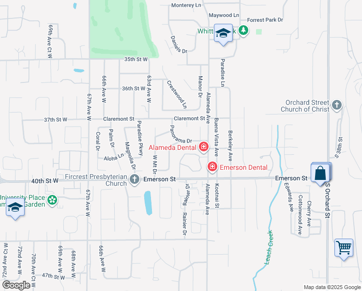 map of restaurants, bars, coffee shops, grocery stores, and more near 1201 Mar Vista Drive in Fircrest