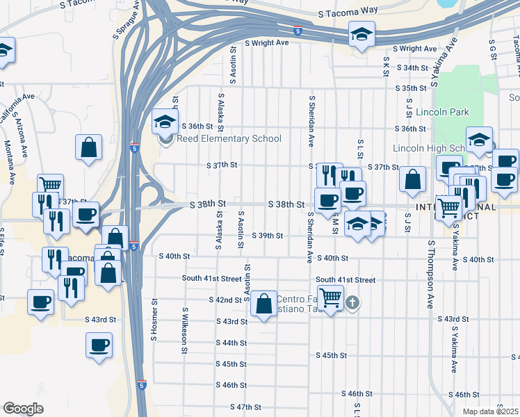 map of restaurants, bars, coffee shops, grocery stores, and more near 3802 South Ainsworth Avenue in Tacoma