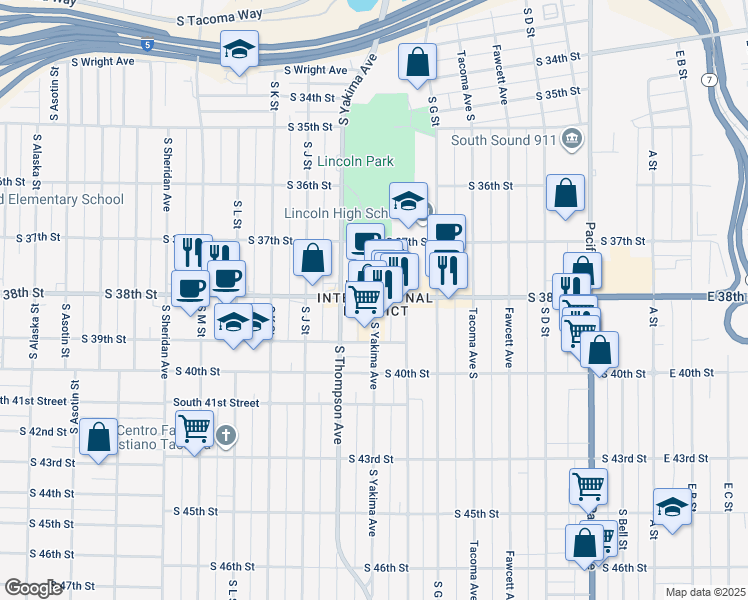 map of restaurants, bars, coffee shops, grocery stores, and more near 3800 South Yakima Avenue in Tacoma