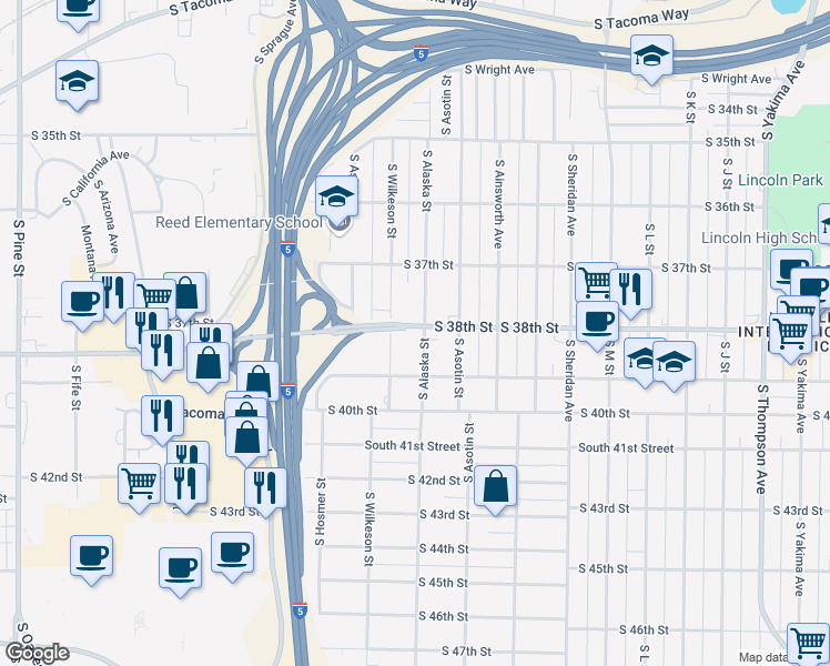 map of restaurants, bars, coffee shops, grocery stores, and more near 3802 South Alaska Street in Tacoma