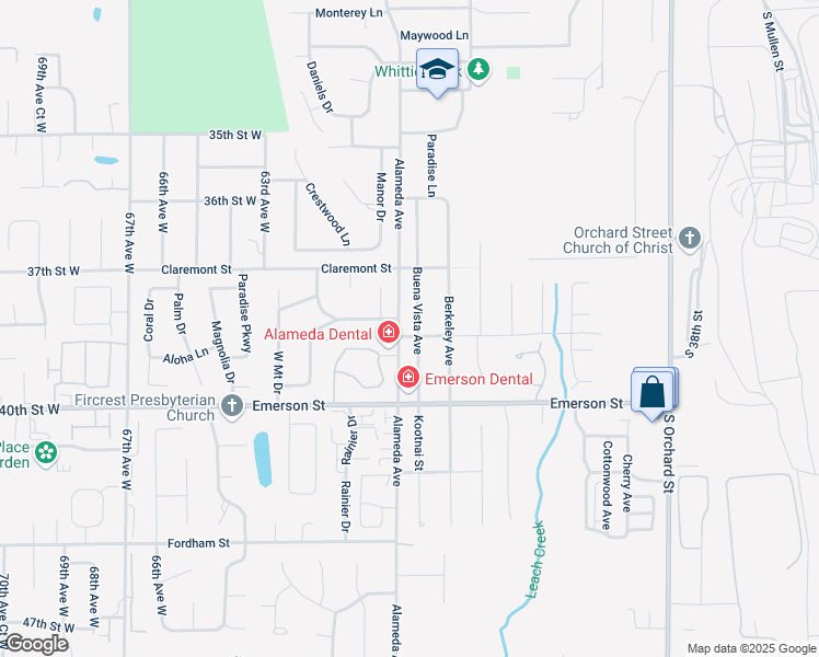 map of restaurants, bars, coffee shops, grocery stores, and more near 1214 Buena Vista Avenue in Fircrest