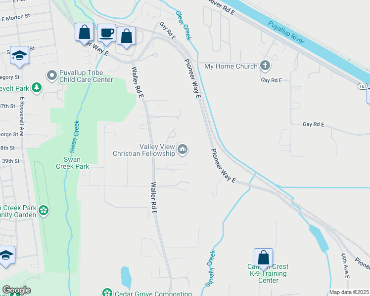 map of restaurants, bars, coffee shops, grocery stores, and more near 3735 Waller Road East in Tacoma
