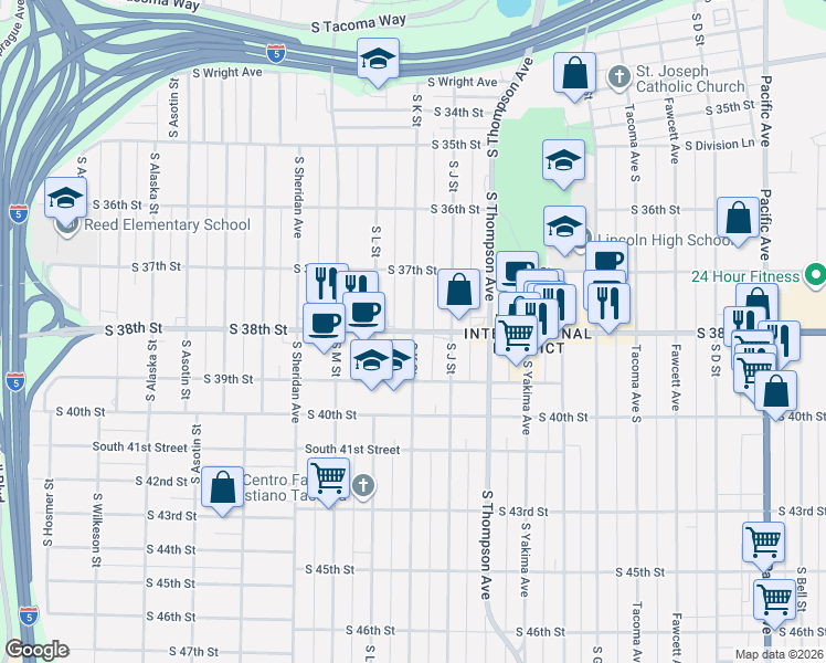 map of restaurants, bars, coffee shops, grocery stores, and more near S 38th St & S K St in Tacoma
