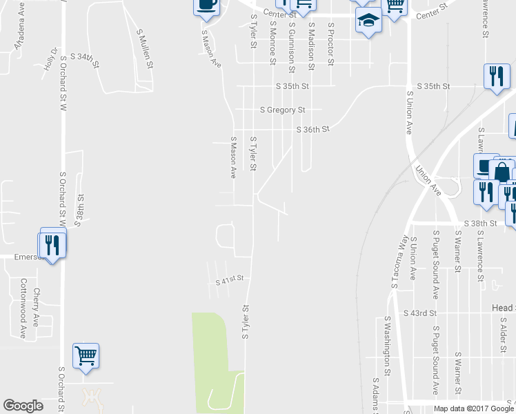 map of restaurants, bars, coffee shops, grocery stores, and more near 4130 South 38th Street in Tacoma