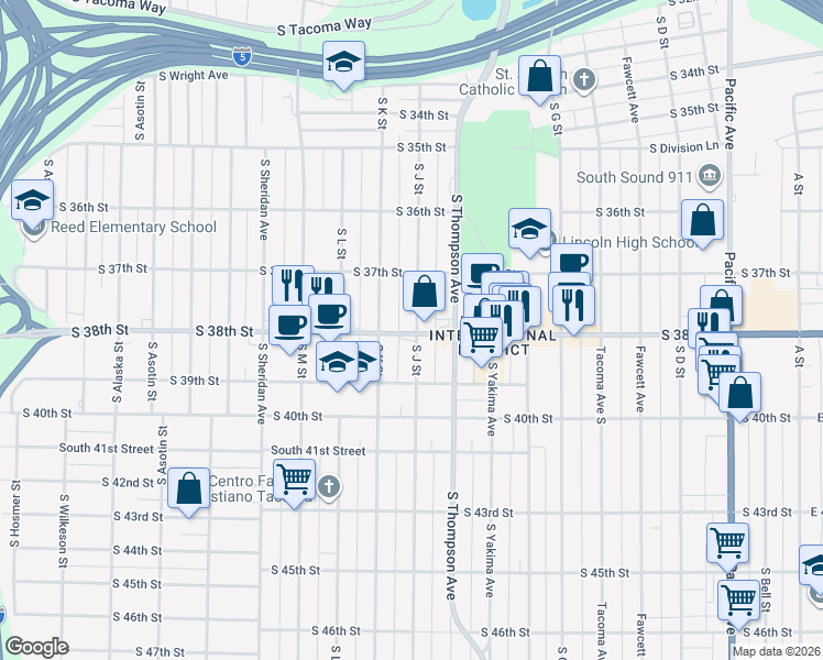 map of restaurants, bars, coffee shops, grocery stores, and more near in Tacoma